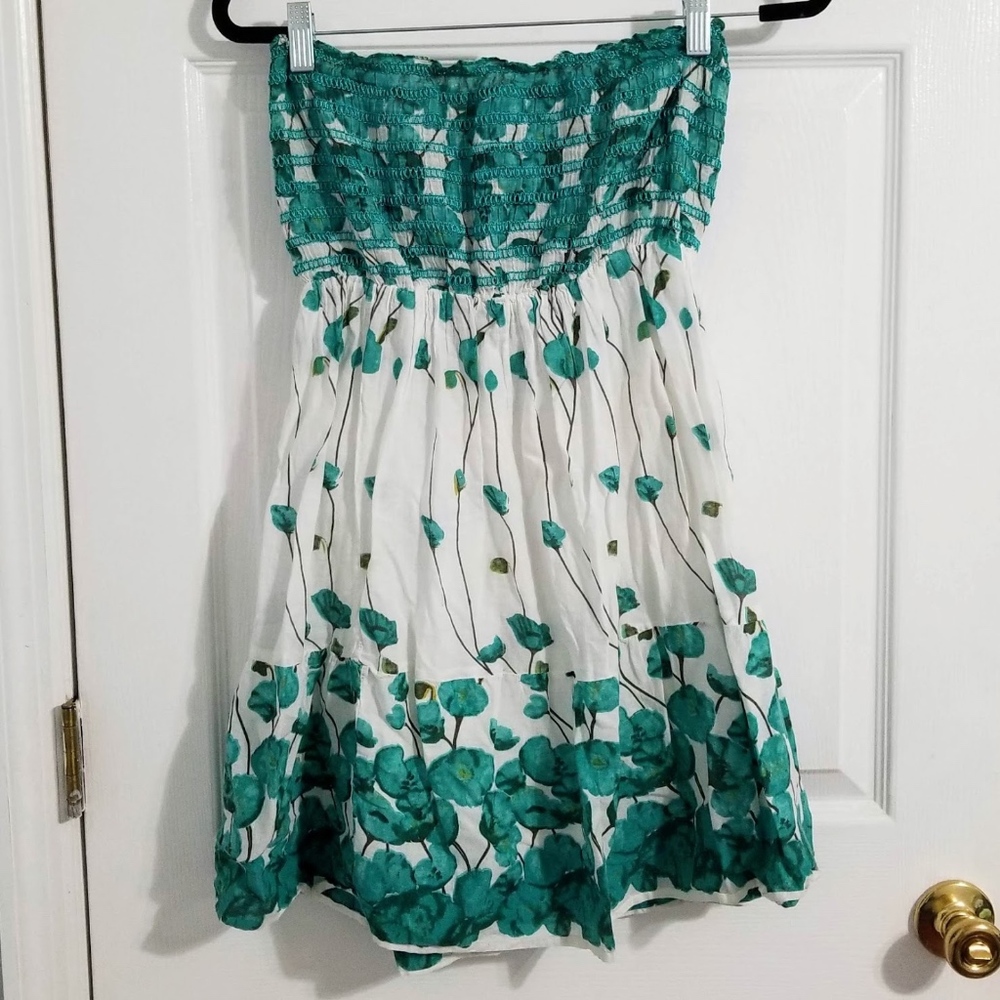 White and Teal Floral Strapless Dress- 2 For $25